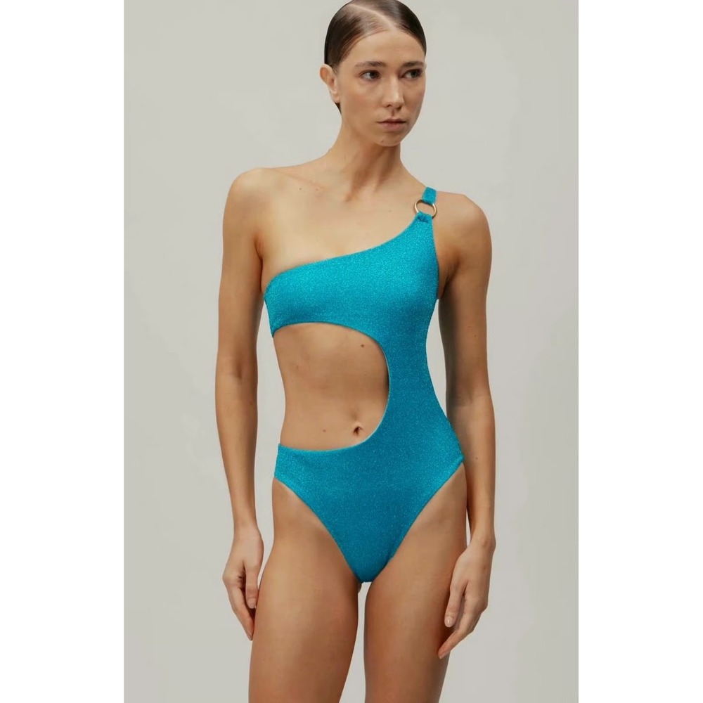 Baobab Tamboril One Piece Swimsuit Juno Blue Glitter Cutout One Shoulder Small